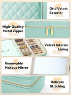 Velvet Travel Jewelry Box with Large Mirror, Double-Layer Jewelry Organizer Case for Women and Girls, Portable Storage Case with 6 Anti-Tarnish Bags Gift Ready for Her (Mint Green)