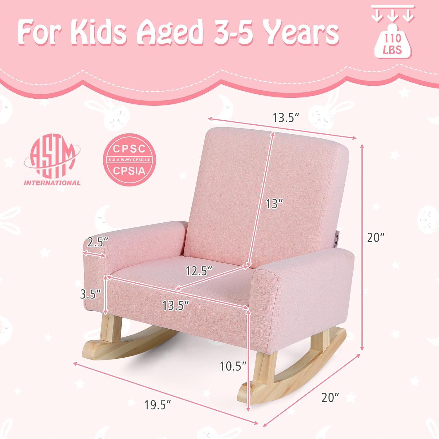 Kids Rocking Chair, Toddler Couch with Solid Wood Base & Non-Slip Pads, Durable Linen Fabric Toddlers Sofa, Children Rocker Armchair in Playroom, Nursery, Bedroom