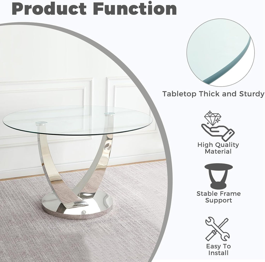 47.2 Inch Round Glass Dining Table Set for 4, Silver Round Kitchen Table with 4 Upholstered Velvet Accent Chairs, 5 Piece Modern Dining Room Set, for Home, Apartment, Kitchen - Blue Chairs