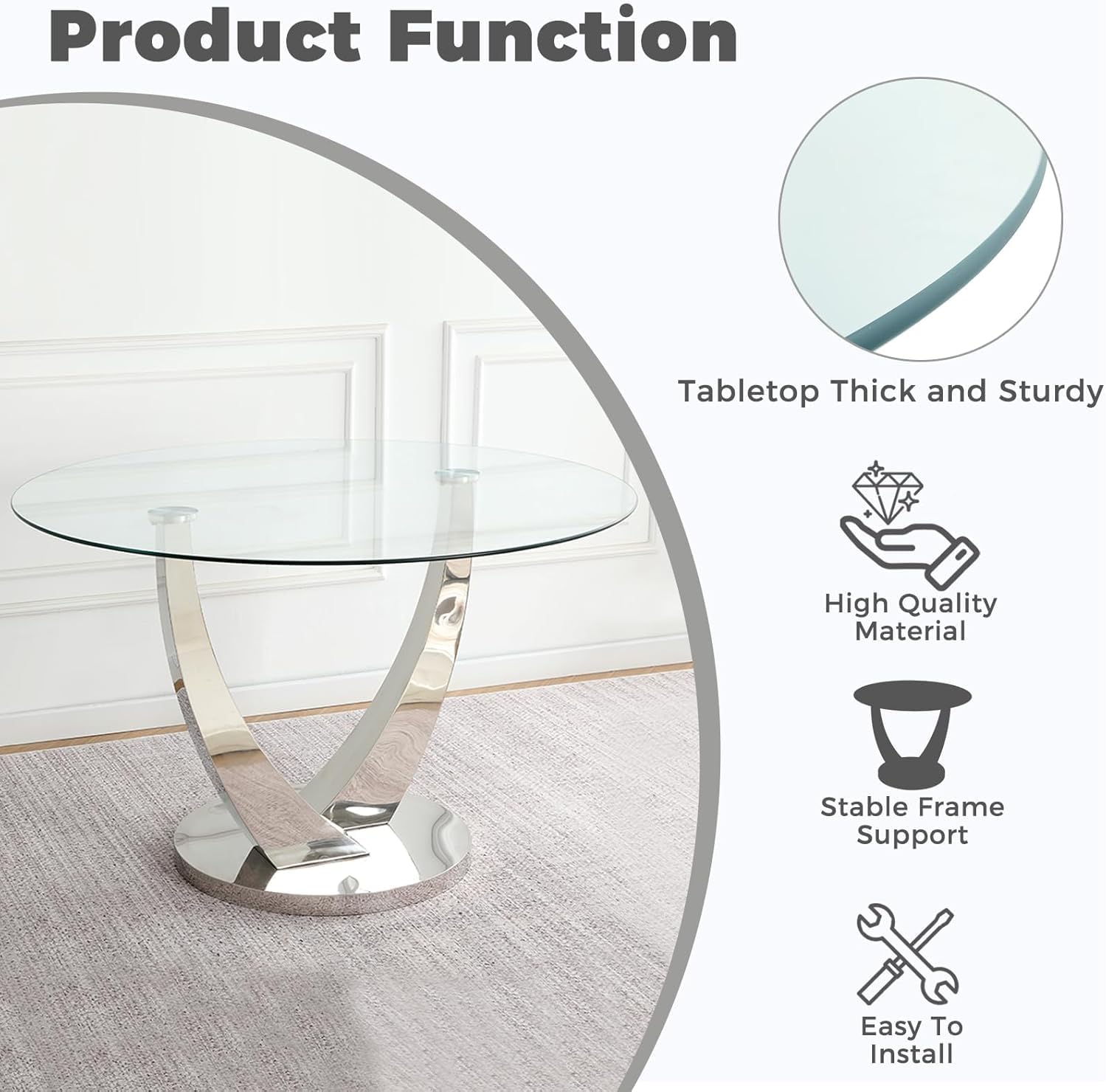 47.2 Inch Round Glass Dining Table Set for 4, Silver Round Kitchen Table with 4 Upholstered Velvet Accent Chairs, 5 Piece Modern Dining Room Set, for Home, Apartment, Kitchen - Blue Chairs