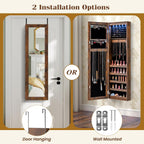 Giantex Wall or Door Mounted Jewelry Cabinet with Full Length Mirror, Over The Door Jewelry Armoire Organizer with Lights, Large Storage with Necklace Hooks, Earring Slots & Shelves (Rustic Brown)