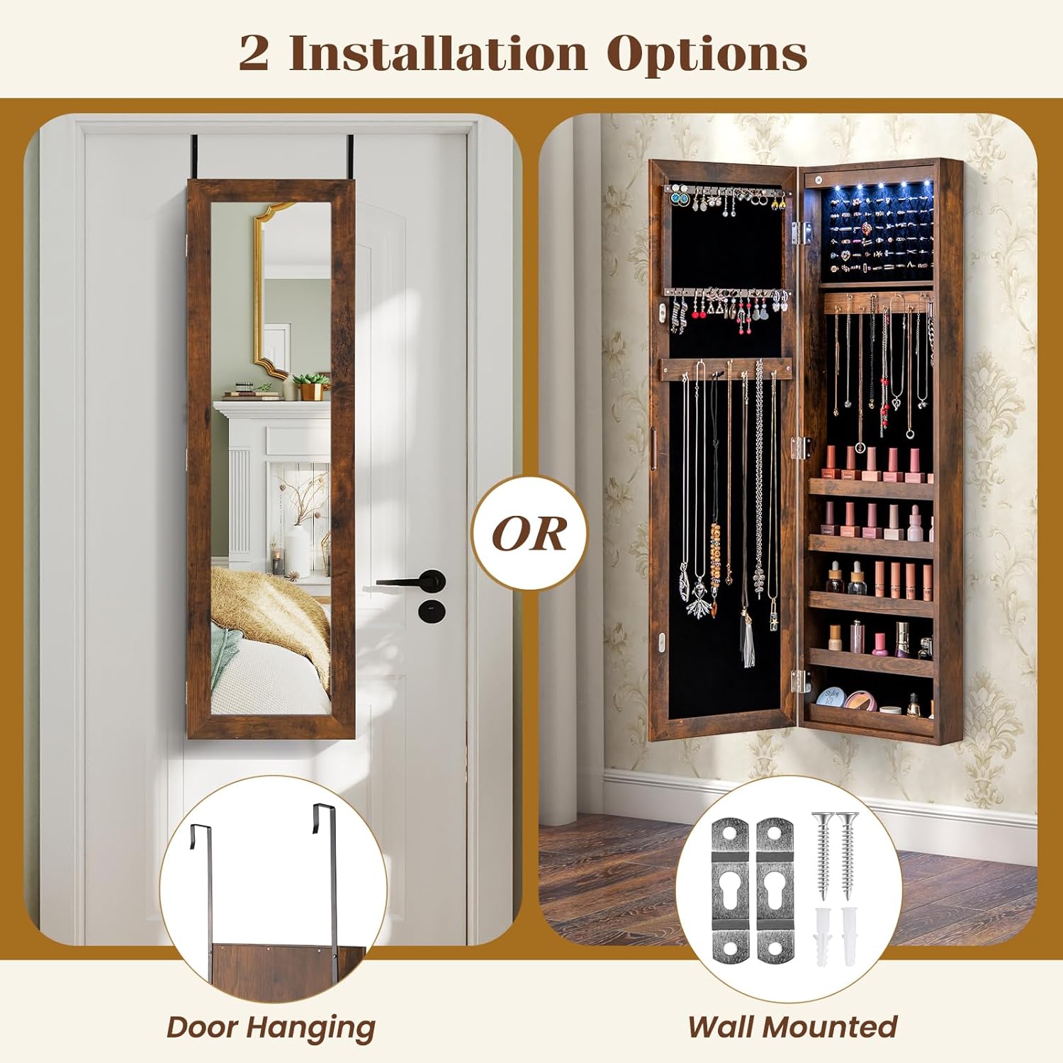 Giantex Wall or Door Mounted Jewelry Cabinet with Full Length Mirror, Over The Door Jewelry Armoire Organizer with Lights, Large Storage with Necklace Hooks, Earring Slots & Shelves (Rustic Brown)