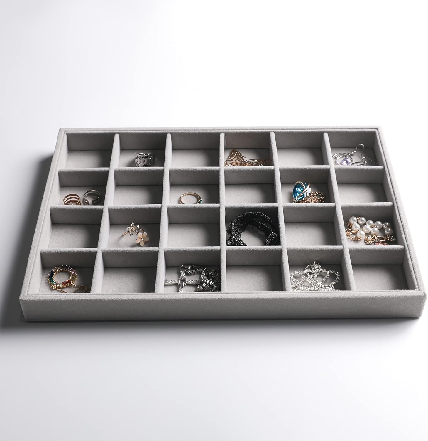 Frebeauty Stackable Velvet Jewelry Organizer Trays for Drawers Inserts Jewelry Storage Tray Display Case Earrings Bracelets Necklace Rings Accessories Trays for Women(Set of 4)(Grey).