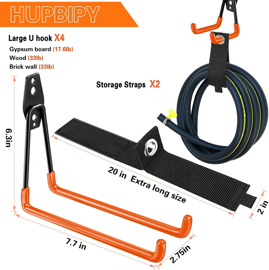 Heavy Duty Garage Hooks 4 Pack, 7.7 inch U Shaped Long Hanger, with 2 Extension Cord Holder Organizer, Wall Mounted Storage System, for Power and Garden Tool Hanging， Ladders, Bikes, Hose