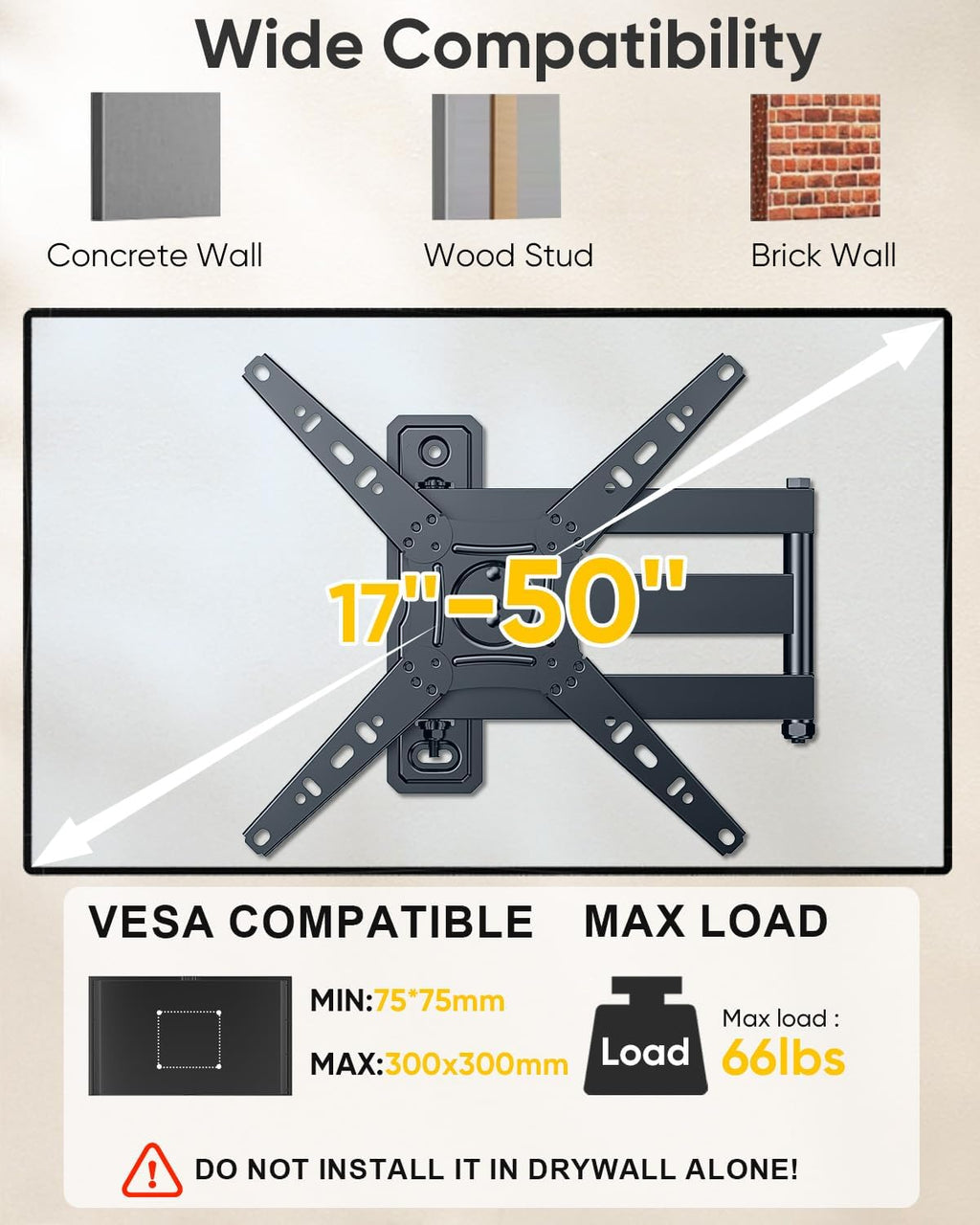 FORGING MOUNT Full Motion TV Wall Mount for 17-50 inch TVs up to 66 lbs,Rotating TV Wall Mount with Articulating Arms, Extension, Tilt, Swivel, Max VESA 300x300mm