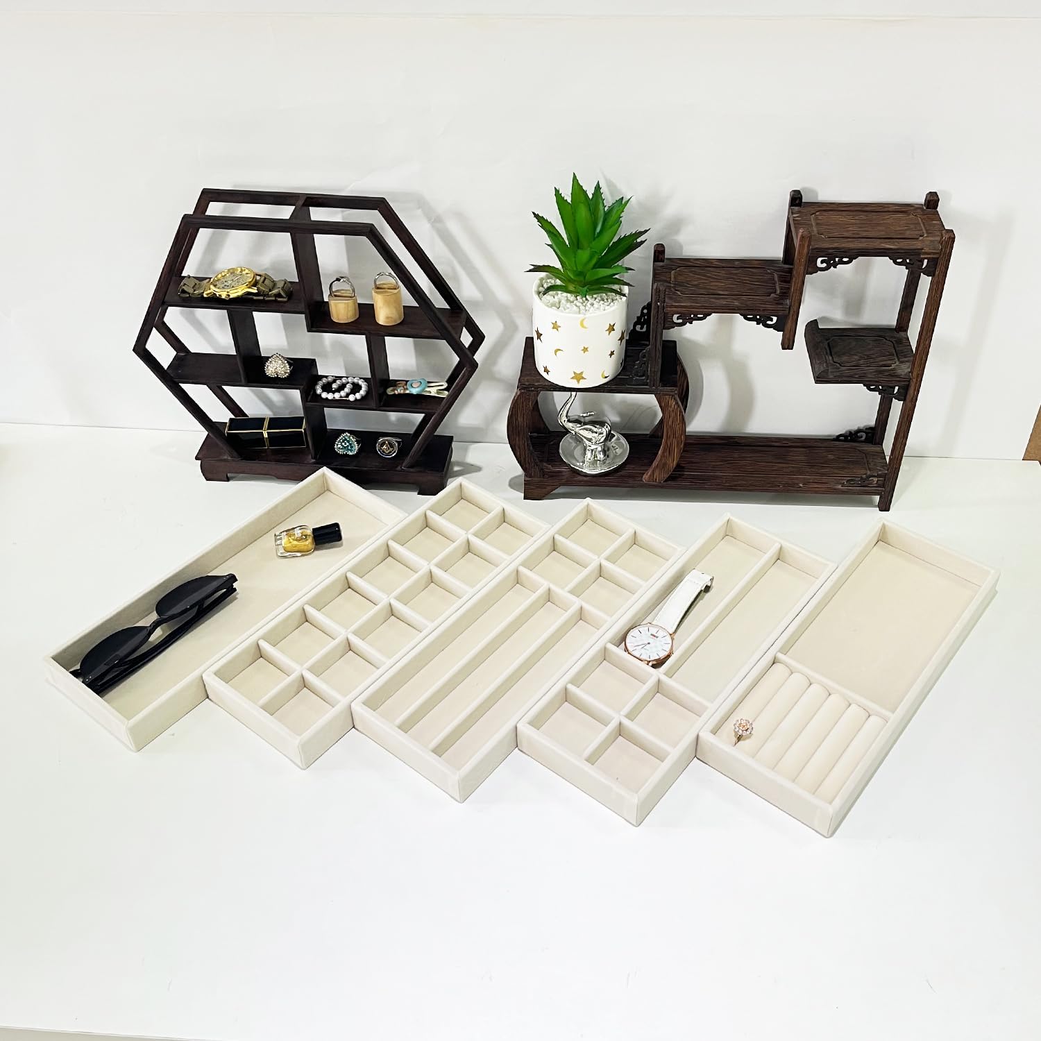 Divided Drawer Organizer Tray, Velvet Jewelry Storage Tray, Necklace Bracelet Ring Earring Display Tray,Bedside Nightstand Desk Holder Tray for Phone Watch Sunglasses Cosmetics Storage/Beige/12grid