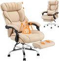 COLAMY Office Chair with Retractable Footrest, Ergonomic High Back Design Executive Computer Desk Chair with Removable Lumbar Pillow, 90-135°Reclining, Thick Bonded Leather for Home Office Work, Khaki