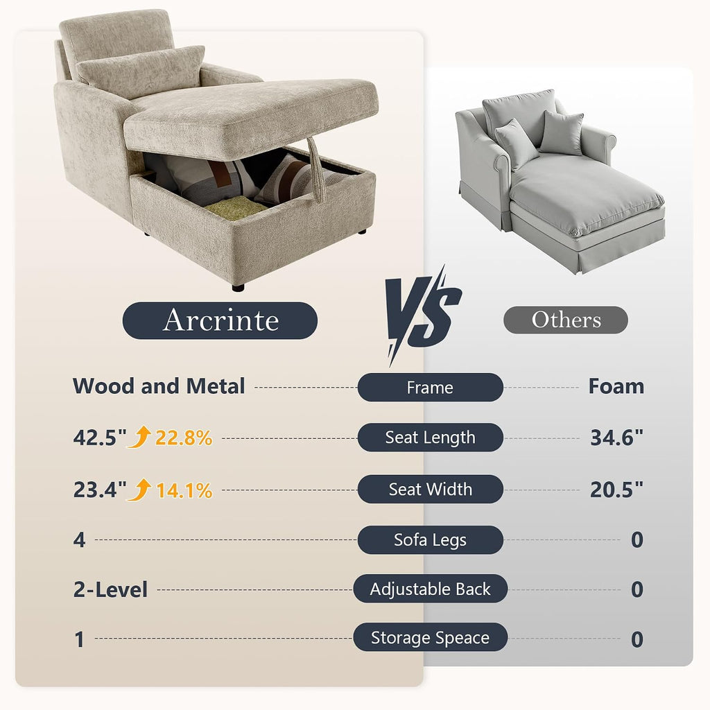 58" Oversized Chaise Lounge Chair with Storage, Chenille Camel | Adjustable Backrest, 2 Back Pillows, Comfy Reading Chair Indoor, Upholstered Sleeper Chair for Living Room, Bedroom, Office