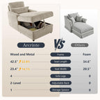 58" Oversized Chaise Lounge Chair with Storage, Chenille Camel | Adjustable Backrest, 2 Back Pillows, Comfy Reading Chair Indoor, Upholstered Sleeper Chair for Living Room, Bedroom, Office