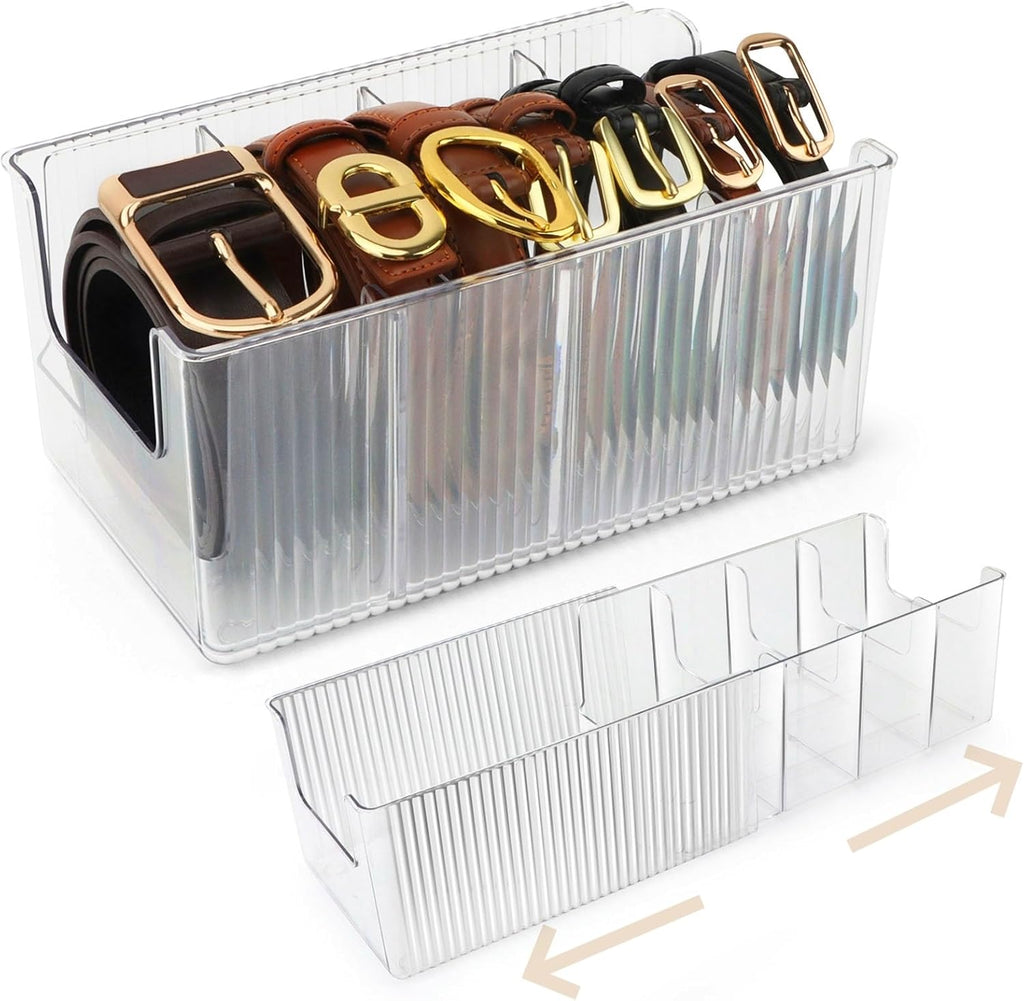 Clear Belt Organizer, Extendable Acrylic Belt Storage Holder with Adjustable Dividers, Belts Storage Container for Drawer and Closet Organization