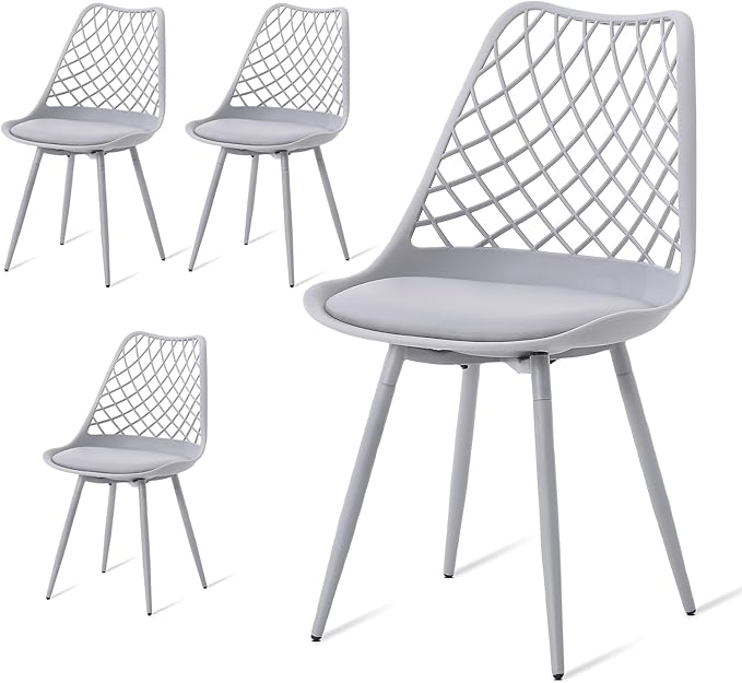 Mid Century Plastic Dining Chair Set of 4 - Padded Tulip Chairs for Kitchen Living Room Mesh Design - Simple Modern Side Chair with PU Cushion for Indoor Outdoor Bistro Patio Cafes -Gray
