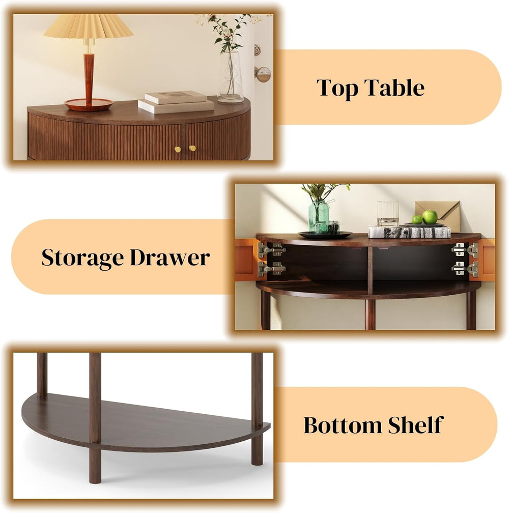Entryway Table, Artisan-Crafted Half Moon Fluted Console Tables with 2 Rattan...