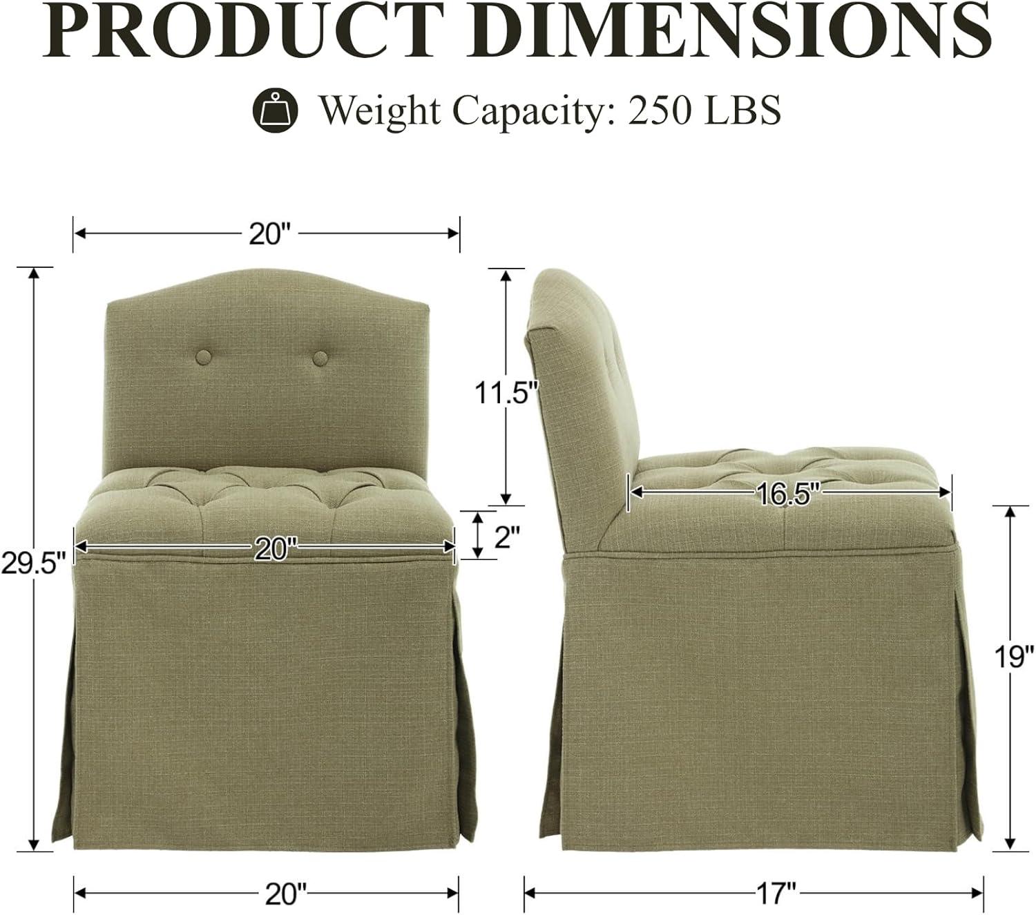 Green Tufted Makeup Vanity Chair with Wheels, Small Upholstered Skirted Slipper Accent Chair with Low Back & Metal Legs, Armless Rolling Vanity Stool Desk Chair for Living Room Bedroom