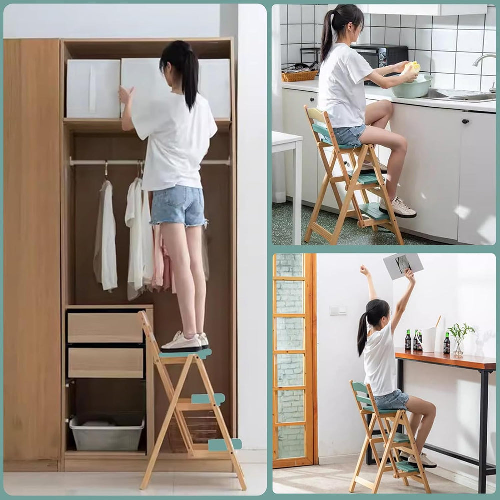 Folding Bar Stool, 3 Step Portable Adults Solid Wood Ladder Stool, Green | 3 ...