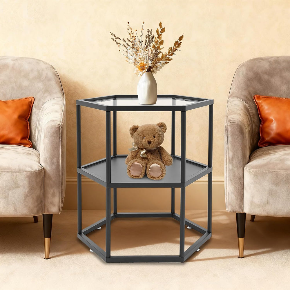 Side Table, Modern Coffee Tables with 2-Tier Storage with Metal Frame, Hexago...