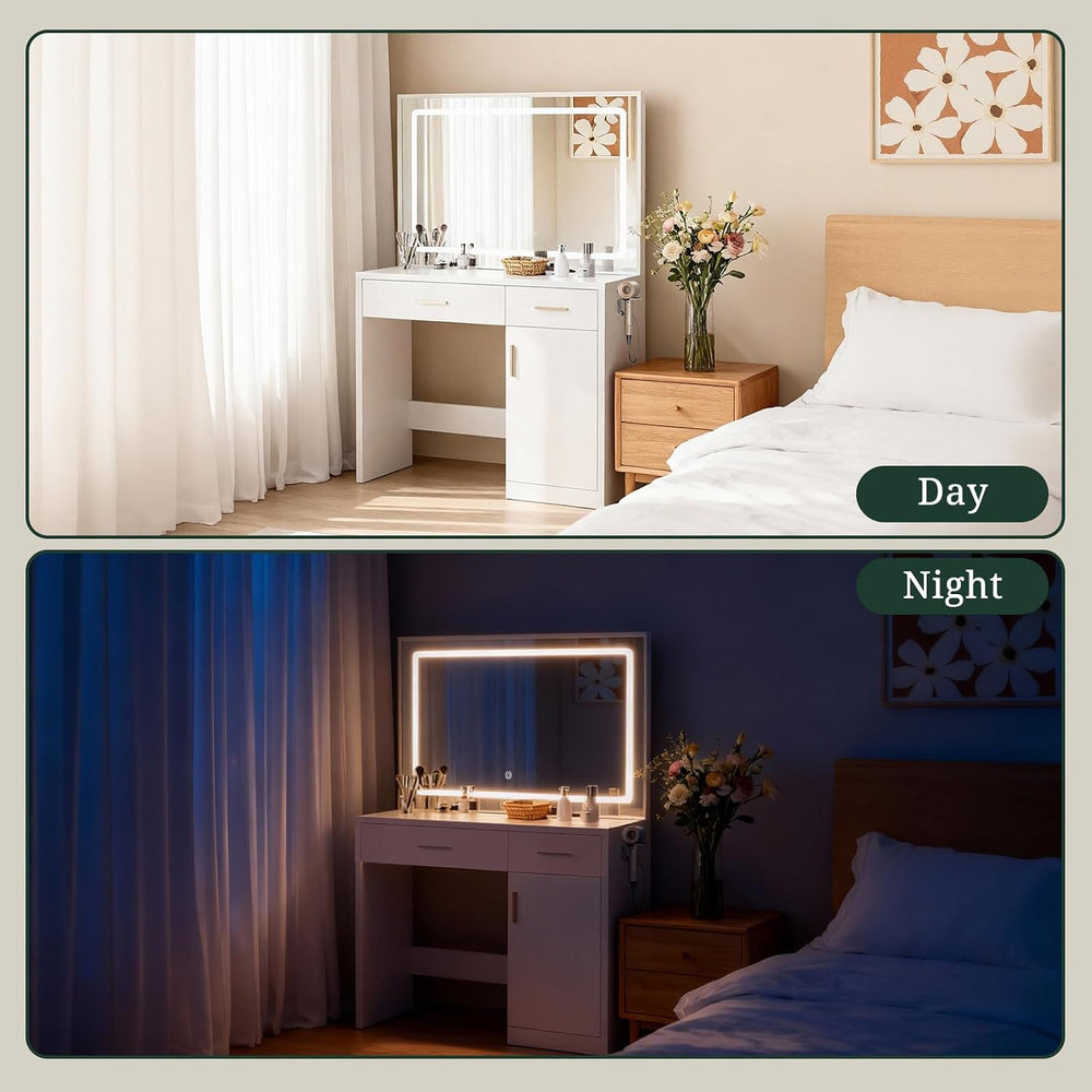 Makeup Vanity Desk with 3 Lights Modes, Vanity Table with Power Outlets | 2 D...