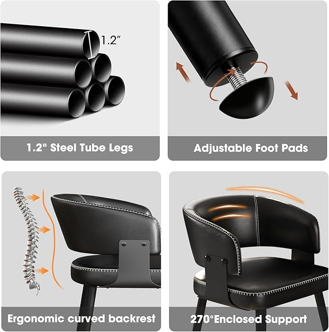 Modern Dining Chairs Set of 6, Upholstered Faux Leather Kitchen Side Chairs with Curved Open Back, Elegant Decorative Stitching, Easy Assembly for Dining Room, Restaurant, Cafe, Vintage Black