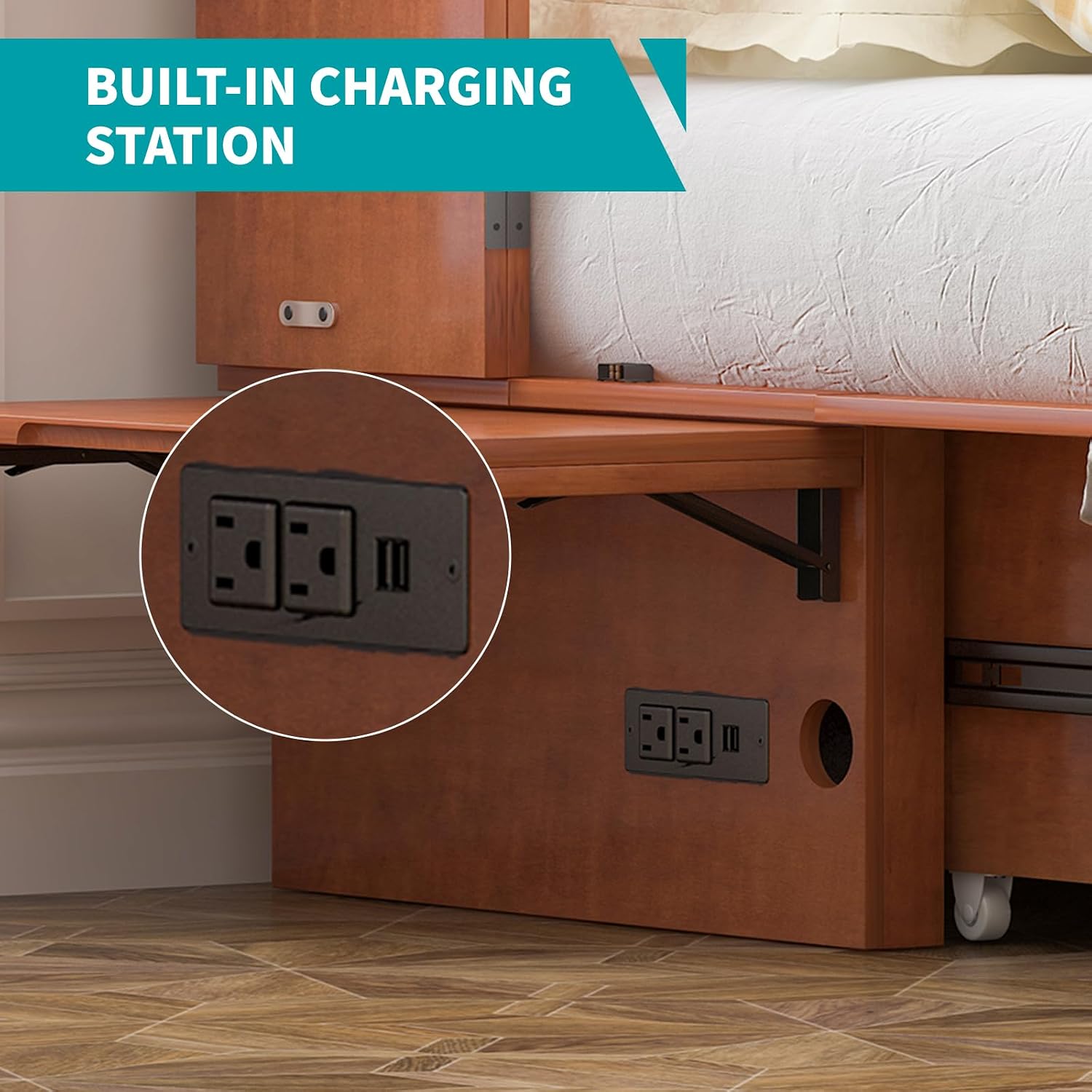 BALUS Murphy Cabinet Bed, Murphy Bed with Spacious Drawers,Queen Foldable Murphy Chest Bed with USB Charging Station for Living Room Apartment Bedroom,Cherry