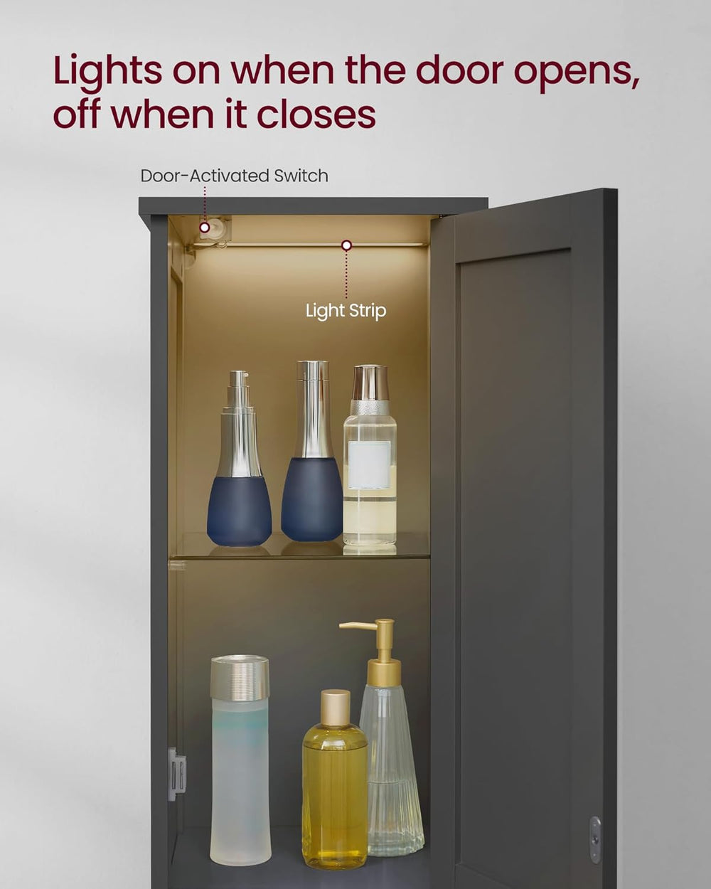 VASAGLE Tall Storage Cabinet with Lights, Slim Freestanding Cabinet with Adju...