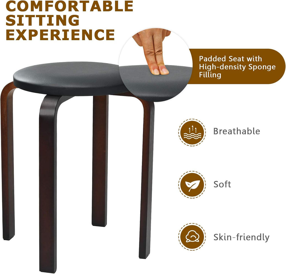 Round Wooden Stools, 4 Sets Stackable Wood Bar stools w/Cushioned Seat, Non-S...