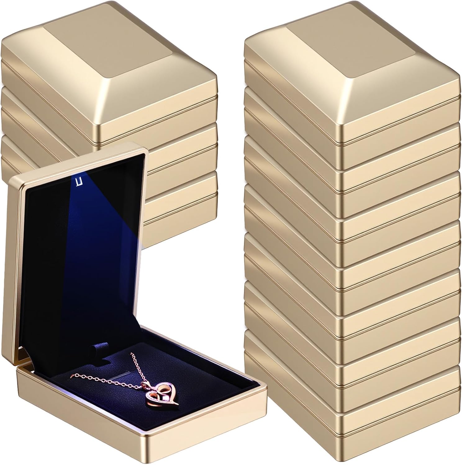 10 Pcs Pendant Necklace Box with LED Light Velvet Necklace Case for Pendant Bracelet Ring Earring, Jewelry Storage(Gold)