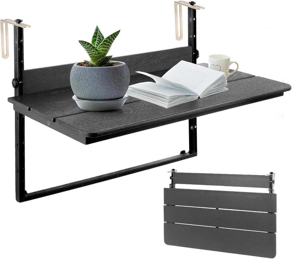 HDPE 39.3" Outdoor Folding Balcony Bar Table for Railings, Black