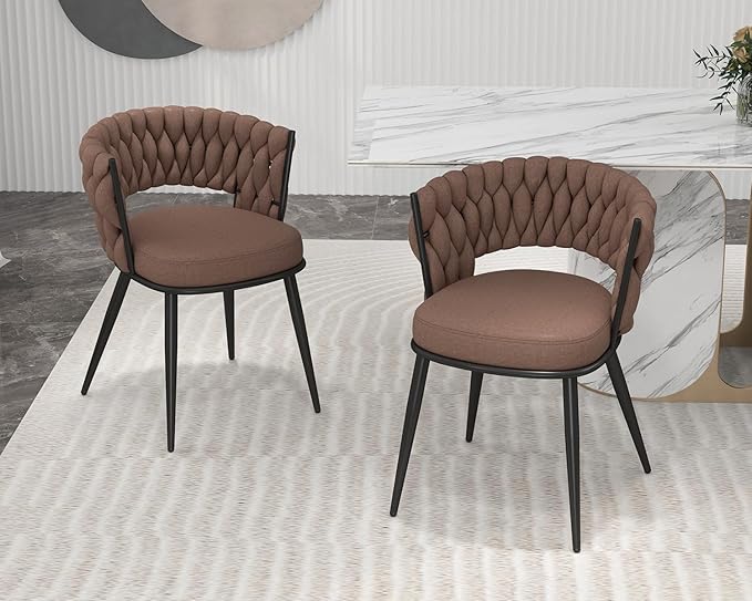 KCC Fabric Dining Chairs Set of 2, Modern Dining Chair with Metal Legs, Woven Upholstered Dining Chairs for Dining Room, Kitchen, Vanity, Living Room (Brown)