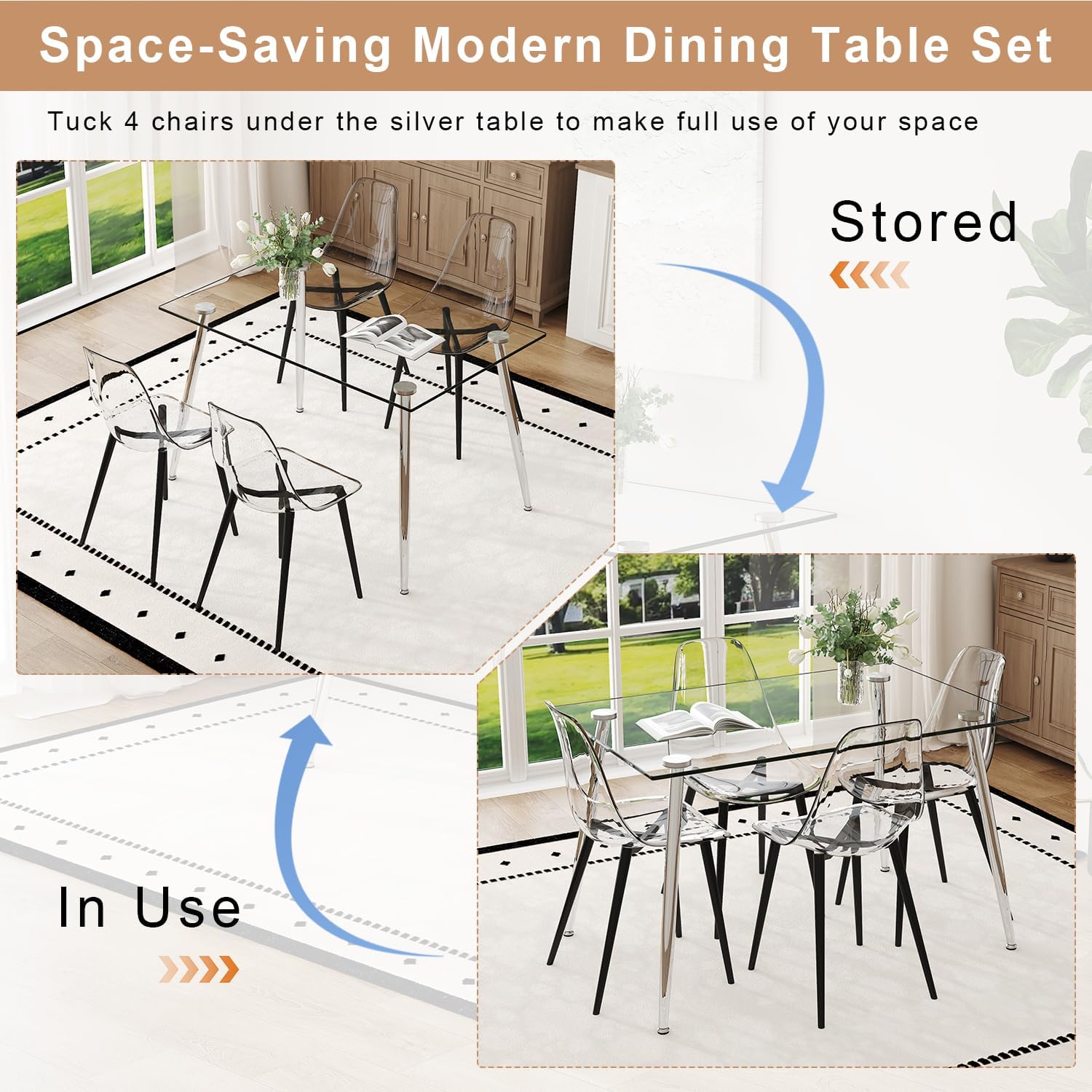 Ebullient Glass Dining Table Set for 4, 51" Clear Tempered Glass Table with Black Metal Legs and 4 Transparent Acrylic Chairs, Compact Modern Kitchen Table Set for Small Space Dining Room