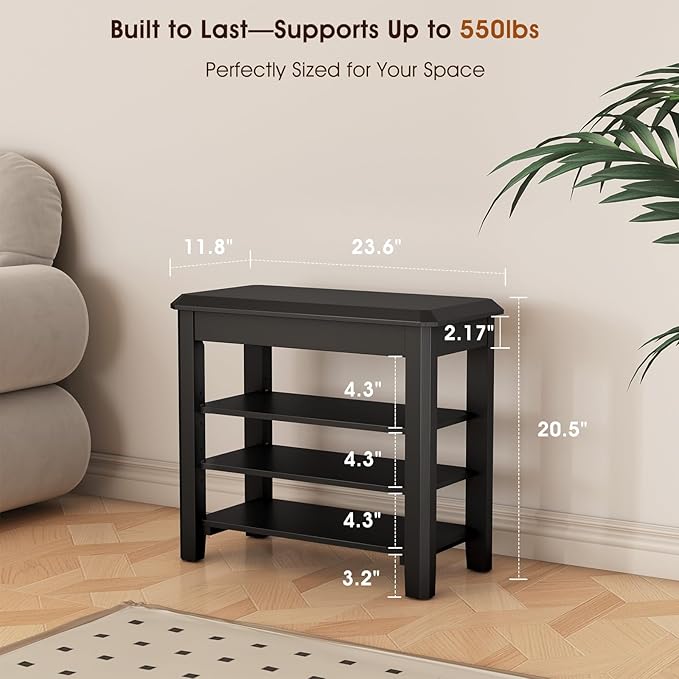 Shoe Rack Bench Seat Rubberwood 3-Tier Wooden Storage Bench 550lbs Compact Mid-Century Modern Design for Entryway, Hallway, Closet, Front Door Entrance, Foyer