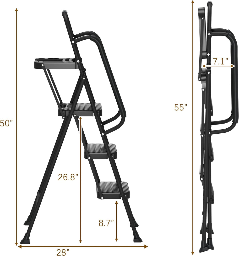 WiberWi 3 Step Ladder with Handrails Folding Step Stool with Tool Plateform, ...