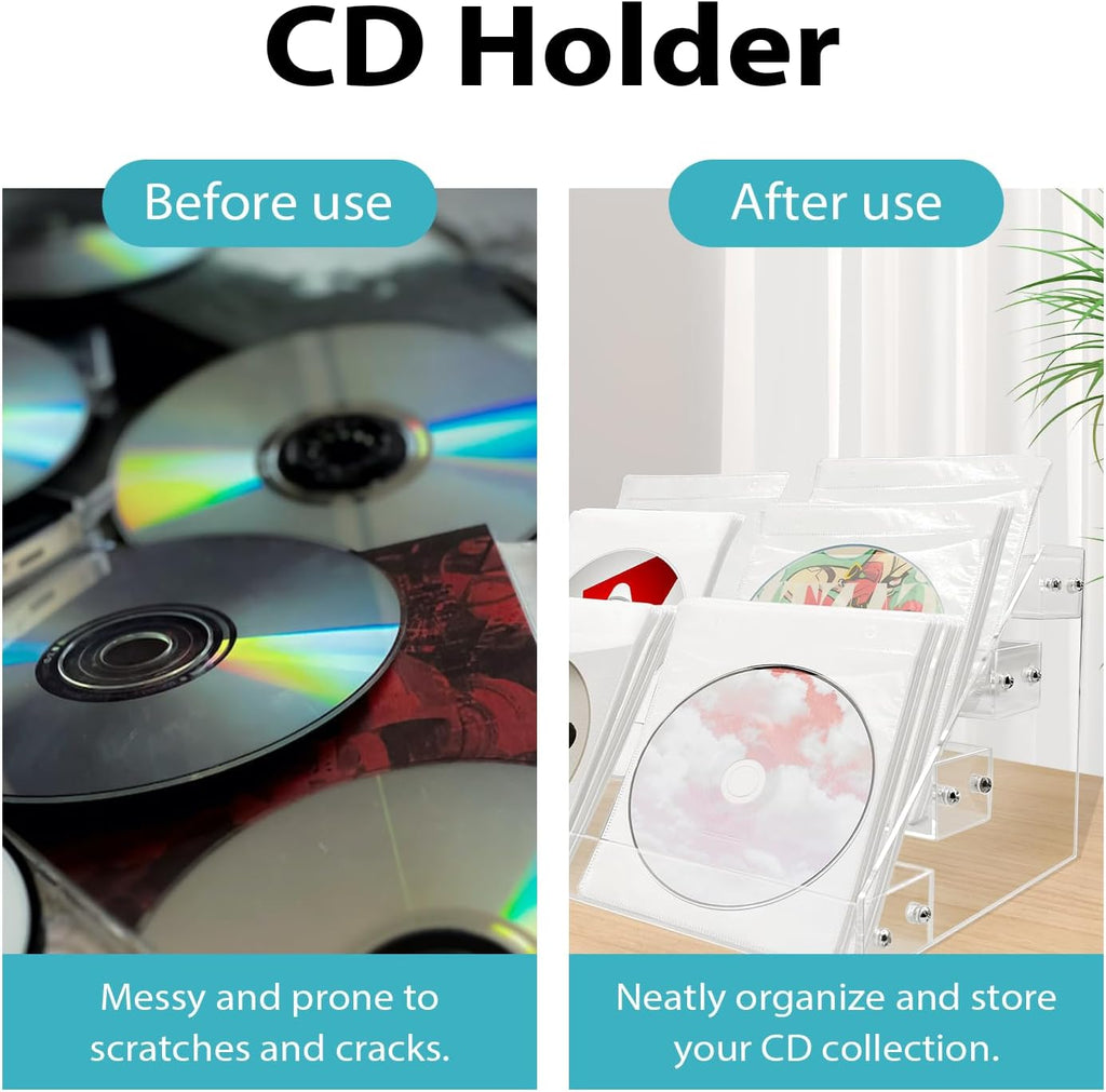 4-tier clear acrylic cascading CD holder, DVD/CD display stand, storage box, and vinyl record shelf. Holds up to 32 standard CD cases and includes 20 CD/DVD sleeves for organized media storage.