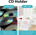 4-tier clear acrylic cascading CD holder, DVD/CD display stand, storage box, and vinyl record shelf. Holds up to 32 standard CD cases and includes 20 CD/DVD sleeves for organized media storage.