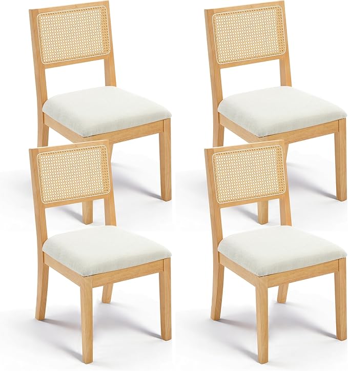 Westice Rattan Dining Chairs Set of 4, French Country Dining Room Chairs with Upholstered Cushion, Wood Armless Chairs for Kitchen/Restaurant