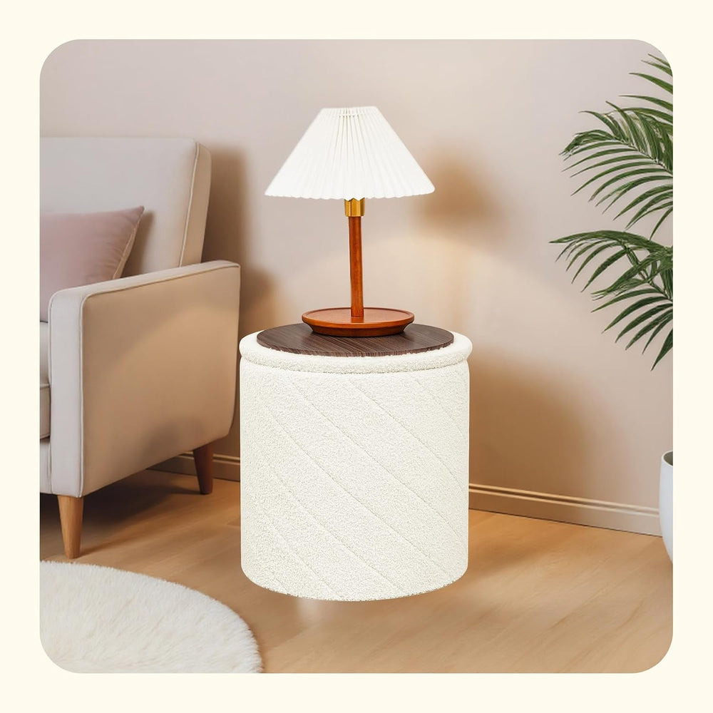 PINPLUS Ottoman with Stroage Round Boucle Ottoman and Tray Sherpa Removable F...