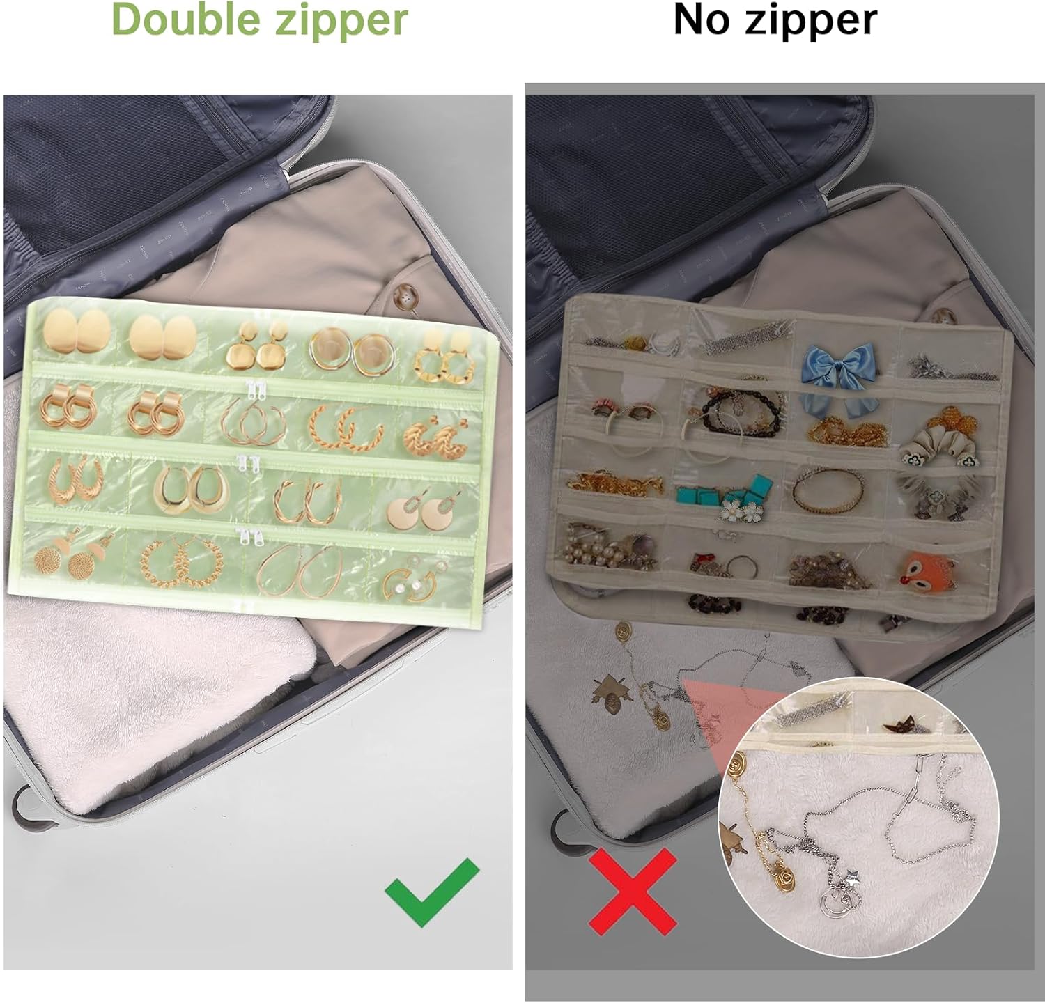 FOREGOER Hanging Jewelry Organizer with 88 Zippered Pockets, Dustproof Foldable for Travel, Accessories Organizer for Holding Jewelries, Earring Organizers and Storage (Green)