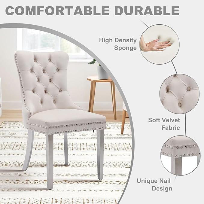 51 Inch Glass Dining Table Set for 4, Rectangular Glass Kitchen Table with 4 Upholstered Velvet Accent Chairs, 5 Piece Modern Dining Room Set, for Home, Apartment, Small Spaces - Beige Silver