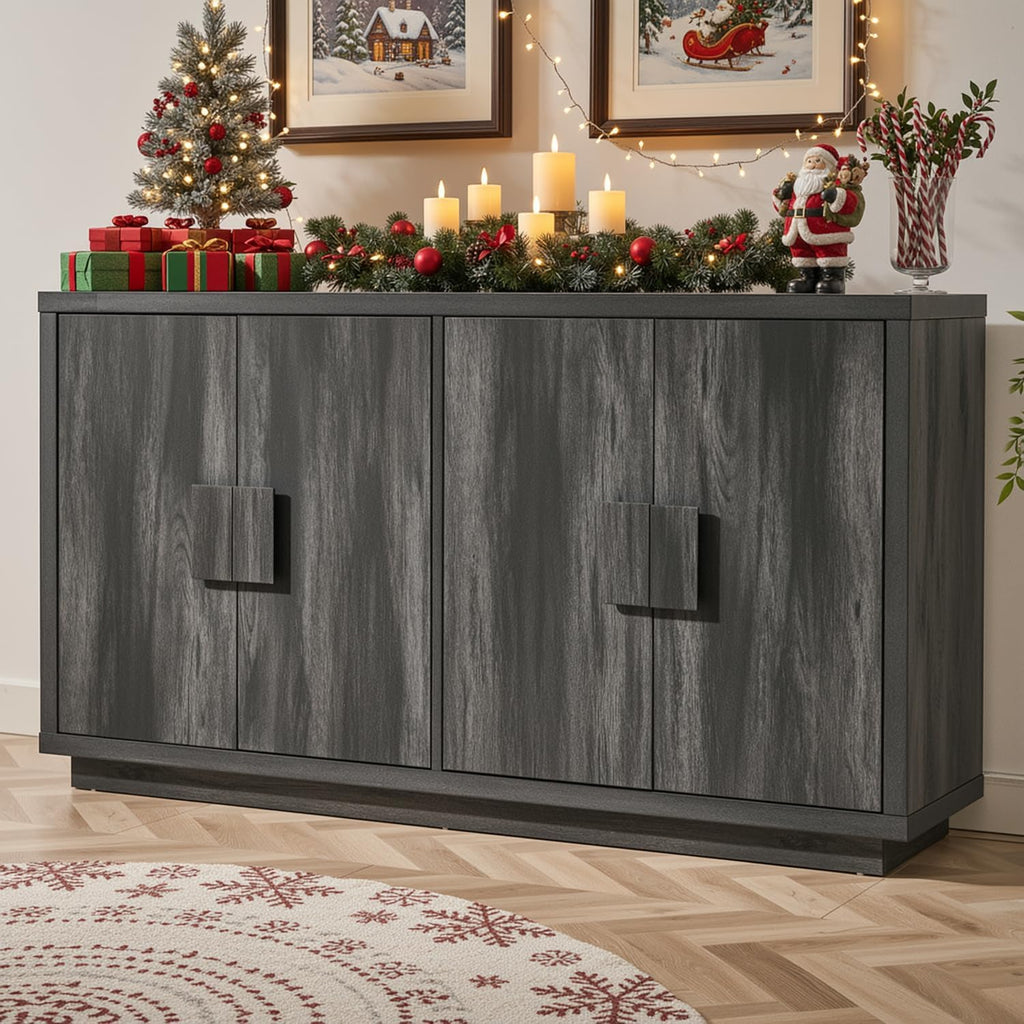 ONBRILL Buffet Cabinet with Storage, 63" Sideboard Cabinet with 4 Doors & Shelves, Wooden Kitchen Coffee Bar Credenza Storage for Living Room, Hallway (63" Wide), Black