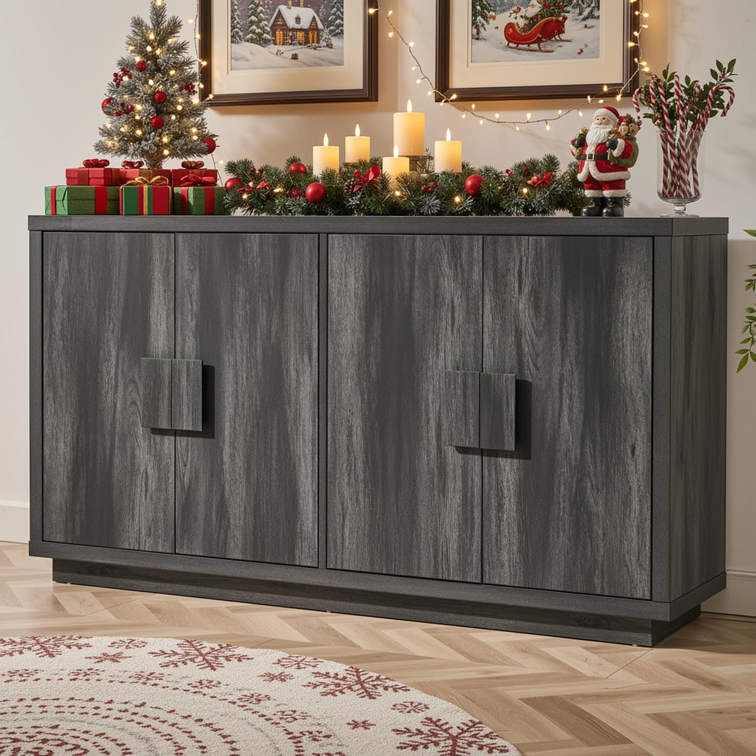 ONBRILL Buffet Cabinet with Storage, 63" Sideboard Cabinet with 4 Doors & Shelves, Wooden Kitchen Coffee Bar Credenza Storage for Living Room, Hallway (63" Wide), Black