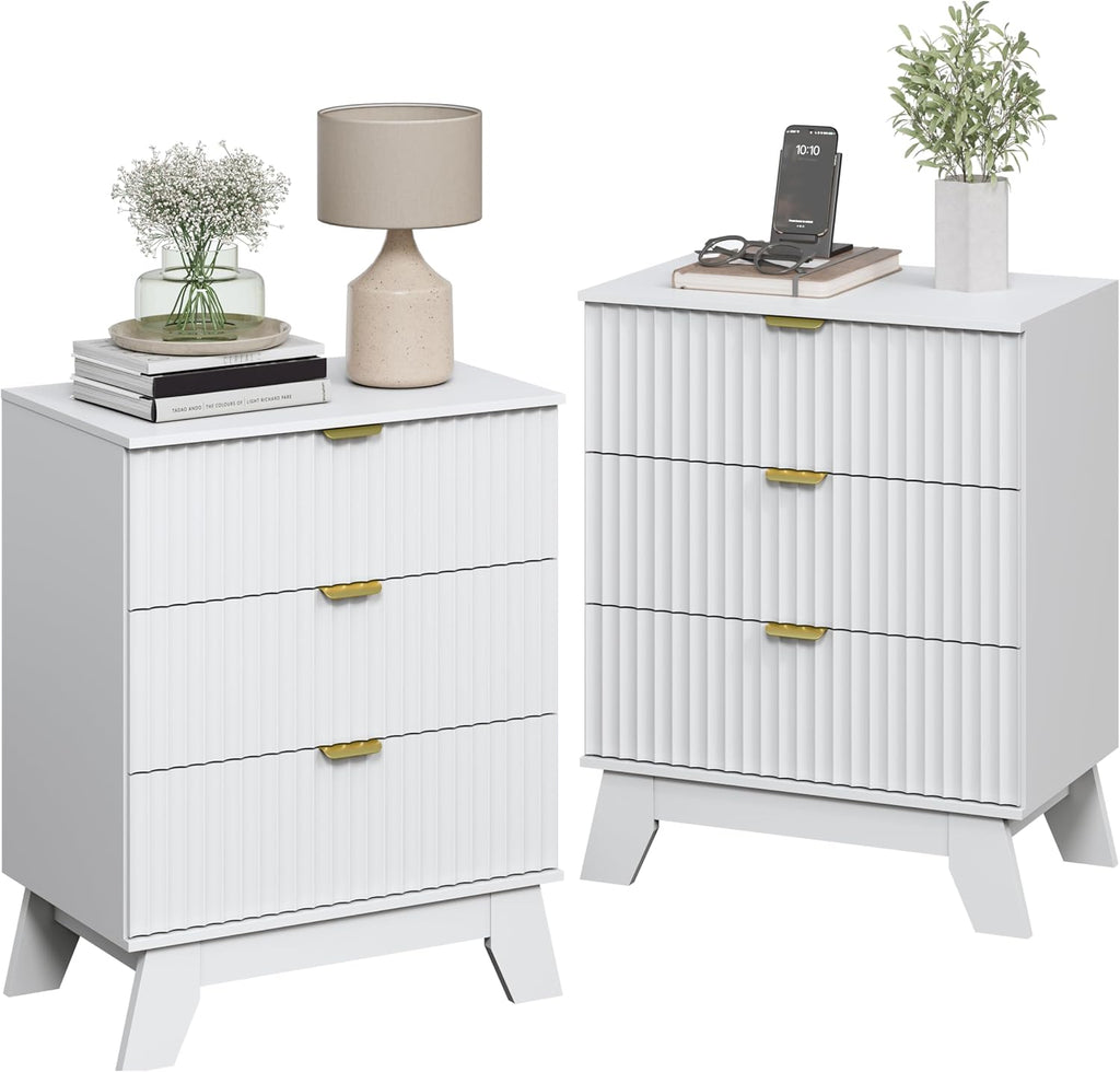 Night Stand Set 2, Bedside Table & End Table, Mid Century Modern Fluted Wood Nightstand with 3 Drawers & Metal Handles, Farmhouse Nightstand for Bedroom, White
