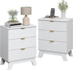 Night Stand Set 2, Bedside Table & End Table, Mid Century Modern Fluted Wood Nightstand with 3 Drawers & Metal Handles, Farmhouse Nightstand for Bedroom, White