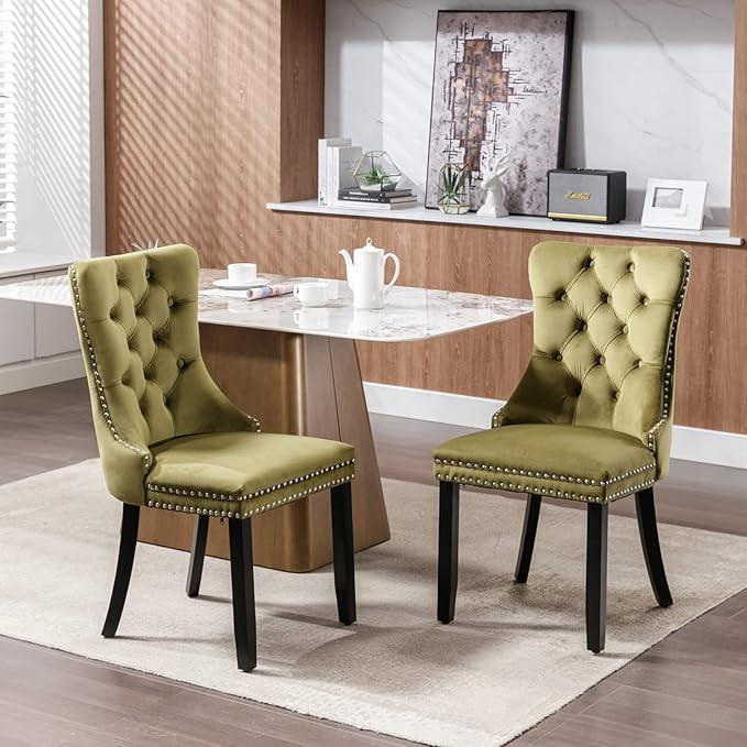 Velvet Dining Chairs Set of 2, Tufted Upholstered Dining Room Chairs with Back Ring Pull, Nailhead Trim and Solid Wood Legs, Modern Dining Chairs for Dining Room, Kitchen,Olive Green