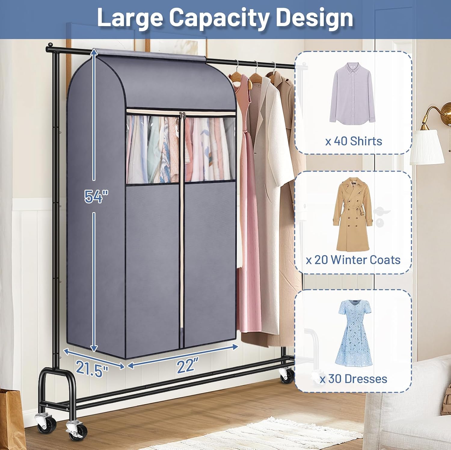 SLEEPING LAMB 54'' Hanging Garment Bags for Closet Storage Sealed Completely Jackets Coats Suits Clothes Rack Cover for Wardrobe with Clear PVC Window, 2 Packs, Grey(Hanging Rod Not Included)