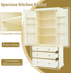 77 Inch High Freestanding Kitchen Sideboard, Farmhouse Sideboard Storage Cabinet with 3 Adjustable Shelves, 8 Door Shelves, 3 Drawers for Kitchen, Living Room and Dining Room (Cream)