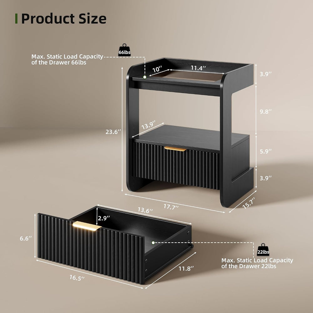 Nightstands Set of 2, Fluted Bedside Tables with Amber Glass Top | Hidden Dra...