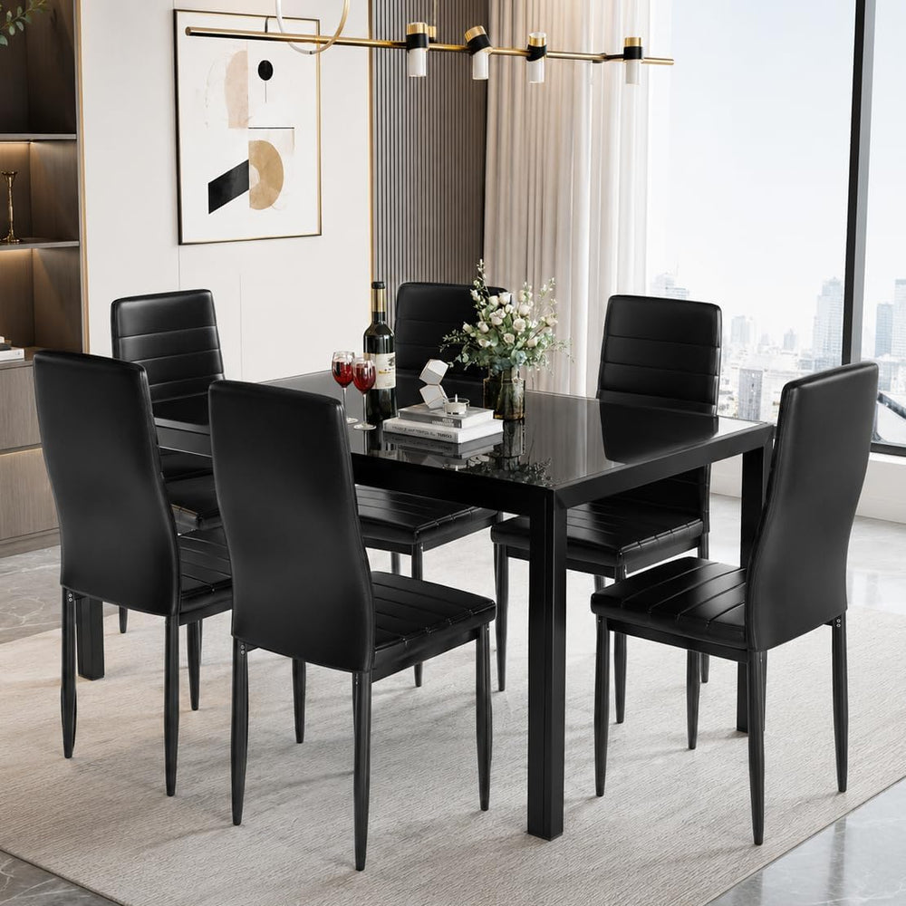Recaceik 7 Piece Dining Table Set for 6, Tempered Glass Kitchen Table and PU ...