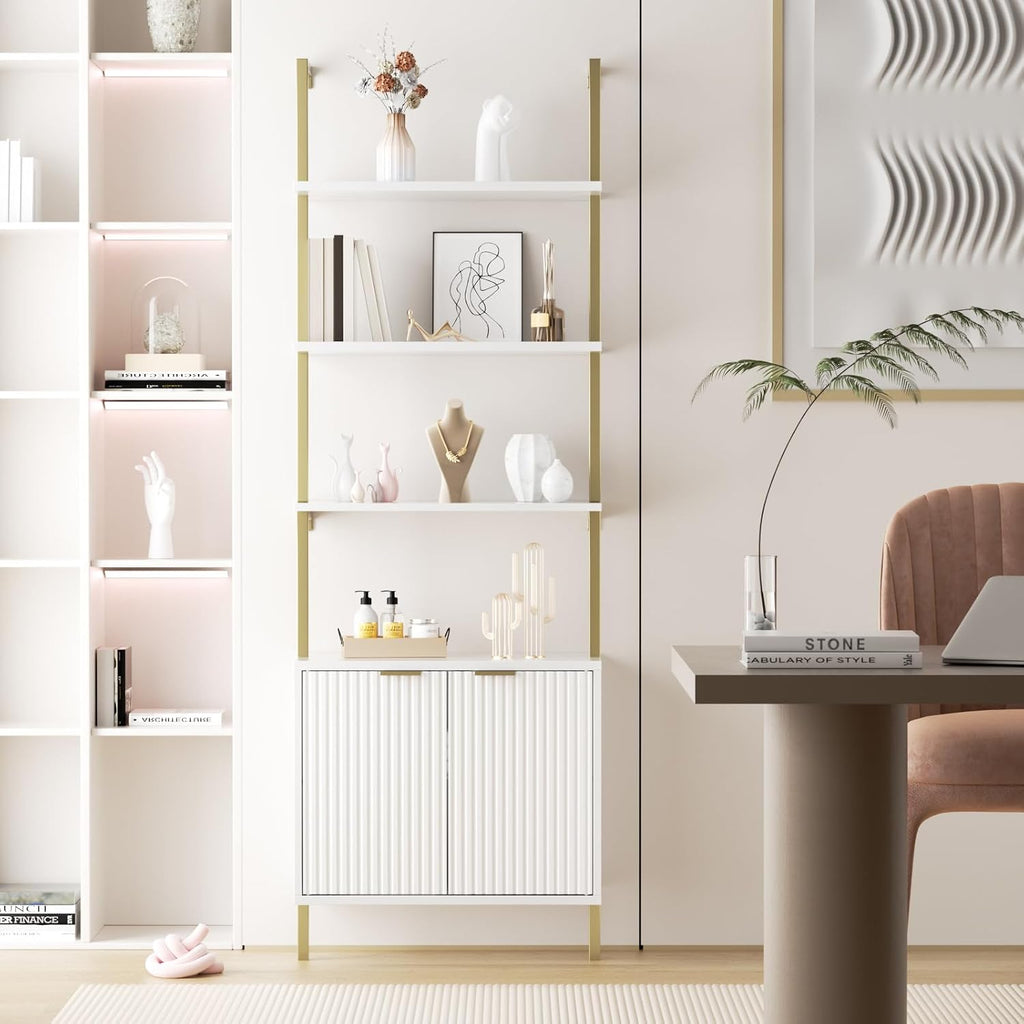 Halitaa 71”Ladder Shelf with Storage Cabinet, Wall Mounted Ladder Bookshelf | Modern Wall Mount Bookcase with Fluted Doors, Display Shelves for Living Room, Bedroom, Bathroom, Home Office, White & Gold