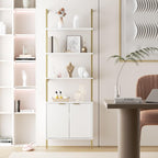 Halitaa 71”Ladder Shelf with Storage Cabinet, Wall Mounted Ladder Bookshelf | Modern Wall Mount Bookcase with Fluted Doors, Display Shelves for Living Room, Bedroom, Bathroom, Home Office, White & Gold