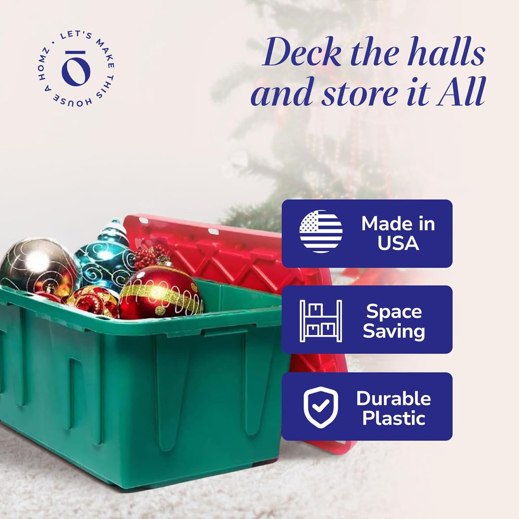 HOMZ 4-Pack Durabilt, Heavy Duty Plastic Storage Bins with Lids, 27 Gallon, Red/Green - Stackable Container Boxes for Holiday, Attic, and Garage Organization