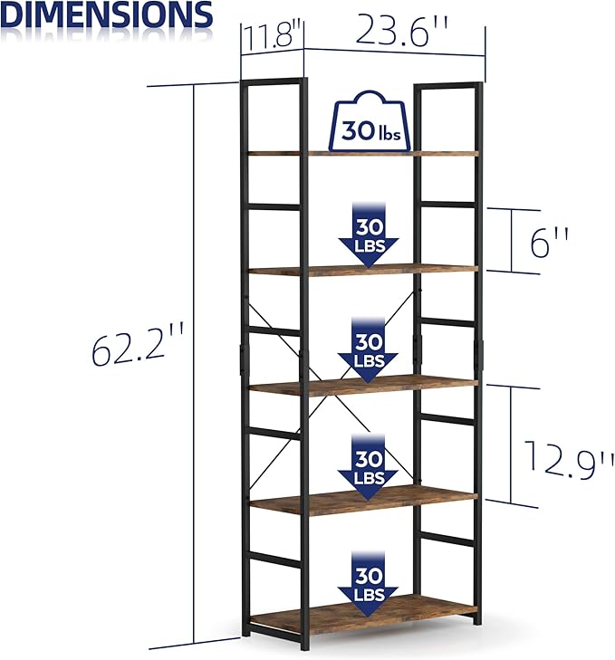 NUMENN 5 Tier Bookshelf, Tall Bookcase Shelf Storage Organizer, Modern Book S...