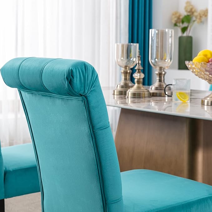 Velvet Dining Chairs Set of 6 Upholstered Dining Room Chairs Modern Tufted Accent Chairs Wooden Parsons Side Chairs for Home Kitchen Restaurant, Cyan
